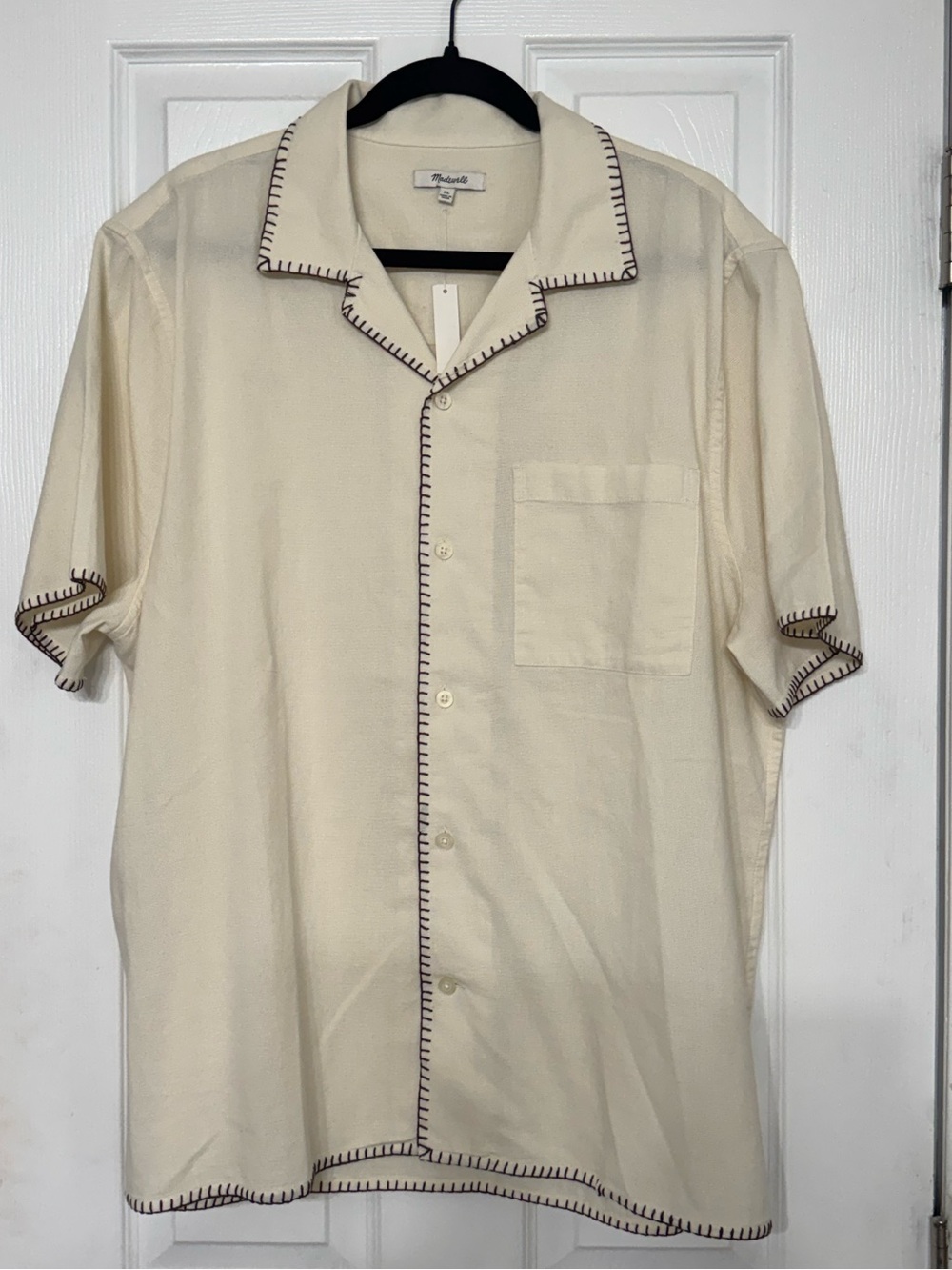 Madewell Cream Short-Sleeve Button-Down Shirt with Contrast Stitching XL